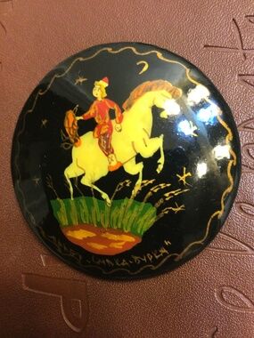 Traditional Russian Lacquer Art Brooch "The Magic Wild Horse"